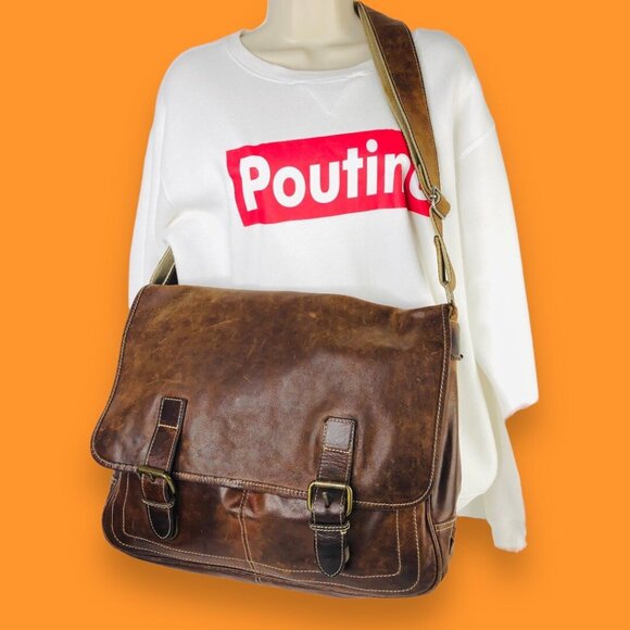 Fossil Brown Leather Messenger Distressed Laptop Computer Shoulder Bag Academia - Picture 1 of 11